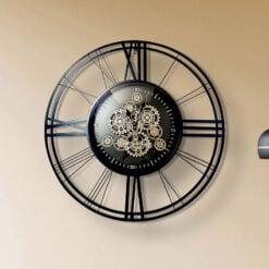 Industrial Black And Gold Metal Visible Moving Gears Round Extra Large Wall Clock 80cm