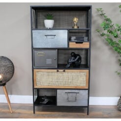 Industrial Black And Grey Metal And Rattan Shelving Display Cabinet 138cm