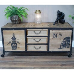 Industrial Black And Solid Fir Wood Trunk Storage Cabinet Sideboard With Wheels