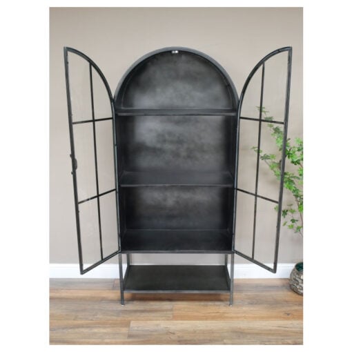 Industrial Black Metal And Glass 2 Door Arched Shelving Display Unit 177cm