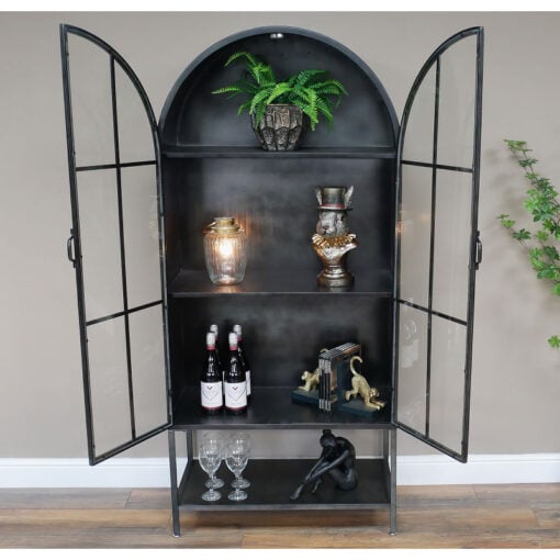 Industrial Black Metal And Glass 2 Door Arched Shelving Display Unit 177cm