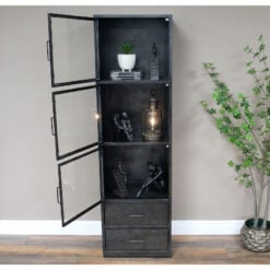 Industrial Black Metal And Glass 3 Door 2 Drawer Shelving Display Unit 172cm