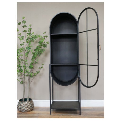 Industrial Black Metal And Glass Arched 1 Door Shelving Display Unit 160cm