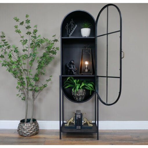 Industrial Black Metal And Glass Arched 1 Door Shelving Display Unit 160cm