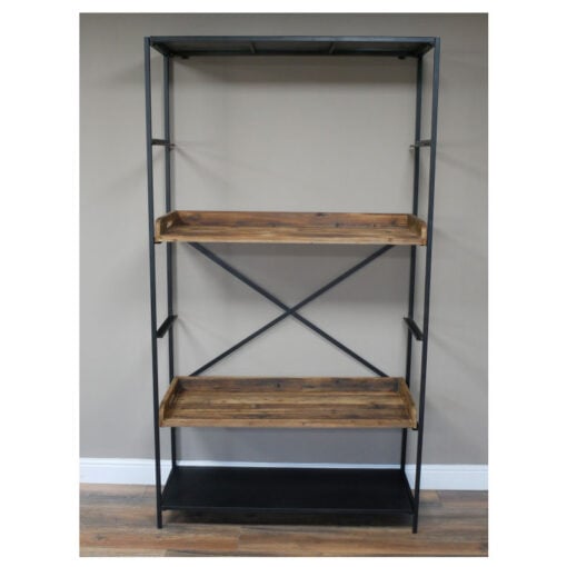 Industrial Black Metal And Reclaimed Solid Wood 3 Tier Shelving Unit 200cm