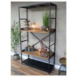 Industrial Black Metal And Reclaimed Solid Wood 3 Tier Shelving Unit 200cm