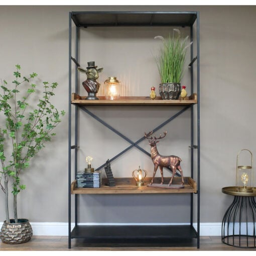 Industrial Black Metal And Reclaimed Solid Wood 3 Tier Shelving Unit 200cm