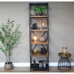 Industrial Black Metal And Reclaimed Solid Wood 5 Tier Shelving Unit 200cm