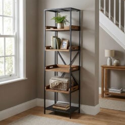 Industrial Black Metal And Reclaimed Solid Wood 5 Tier Shelving Unit 200cm