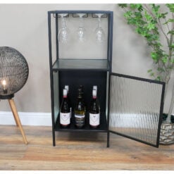 Industrial Black Metal And Ribbed Glass Bar Wine Storage Cabinet 100cm