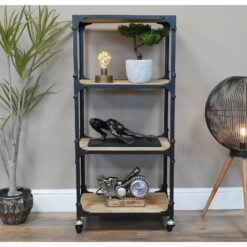 Industrial Black Metal And Solid Mango Wood 4 Tier Shelving Unit With Wheels 103cm