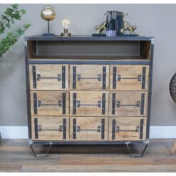 Industrial Black Metal And Solid Mango Wood Apothecary Multi Drawer Cabinet