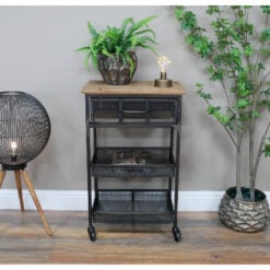 Industrial Black Metal And Solid Wood 1 Drawer Shelving Unit With Wheels 78cm