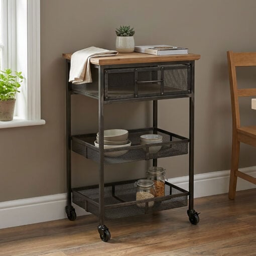 Industrial Black Metal And Solid Wood 1 Drawer Shelving Unit With Wheels 78cm