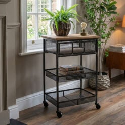 Industrial Black Metal And Solid Wood 1 Drawer Shelving Unit With Wheels 78cm