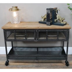 Industrial Black Metal And Solid Wood 2 Drawer Sideboard With Wheels 83cm