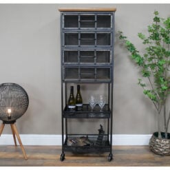 Industrial Black Metal And Solid Wood 4 Drawer Shelving Display Cabinet With Wheels 143cm