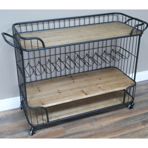 Industrial Black Metal And Solid Wood Drinks Trolley With Wine Rack