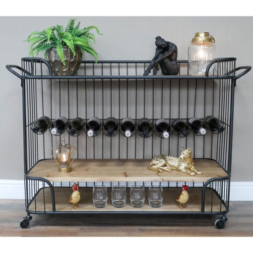 Industrial Black Metal And Solid Wood Drinks Trolley With Wine Rack