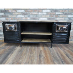Industrial Black Metal And Solid Wood Truck Headlights 2 Door Sideboard Cabinet 93cm