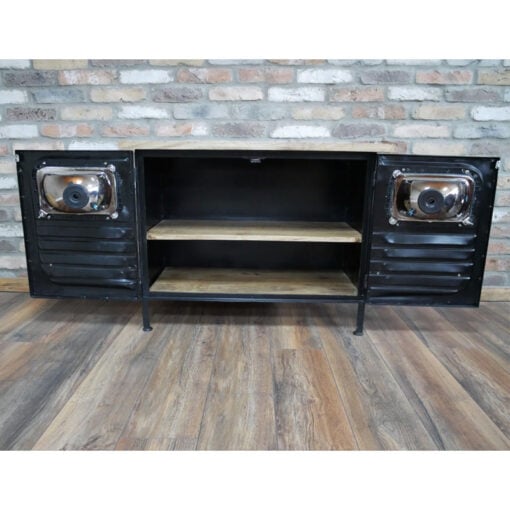 Industrial Black Metal And Solid Wood Truck Headlights 2 Door Sideboard Cabinet 93cm