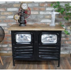 Industrial Black Metal And Solid Wood Truck Headlights 2 Door Sideboard Cabinet 93cm