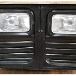 Industrial Black Metal And Solid Wood Truck Headlights 2 Door Sideboard Cabinet 93cm
