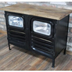 Industrial Black Metal And Solid Wood Truck Headlights 2 Door Sideboard Cabinet 93cm