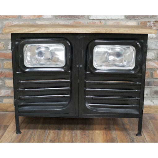 Industrial Black Metal And Solid Wood Truck Headlights 2 Door Sideboard Cabinet 93cm