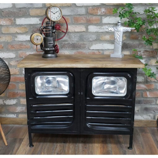 Industrial Black Metal And Solid Wood Truck Headlights 2 Door Sideboard Cabinet 93cm