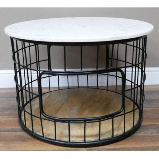 Industrial Black Metal And White Marble 2 Tier Basket Coffee Table 70cm