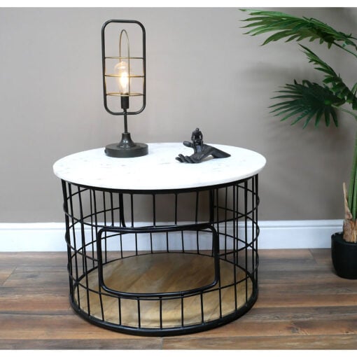 Industrial Black Metal And White Marble 2 Tier Basket Coffee Table 70cm