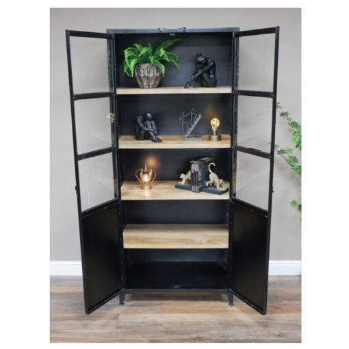 Industrial Black Metal Glass And Solid Wood Shelving Display Unit 186cm