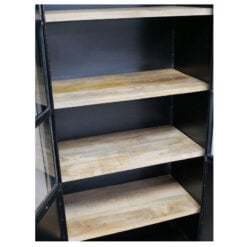 Industrial Black Metal Glass And Solid Wood Shelving Display Unit 186cm