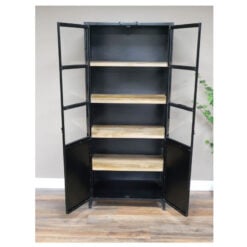 Industrial Black Metal Glass And Solid Wood Shelving Display Unit 186cm