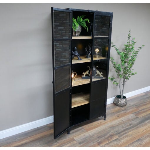 Industrial Black Metal Glass And Solid Wood Shelving Display Unit 186cm