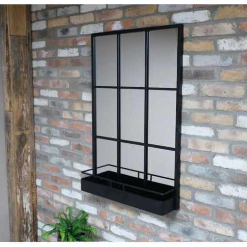 Industrial Black Metal Panelled Wall Mirror With A Storage Shelf 105cm