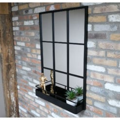 Industrial Black Metal Panelled Wall Mirror With A Storage Shelf 105cm