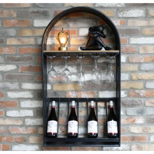 Industrial Engraved Black Metal Arched Wall Bar Unit Wine Rack 107cm