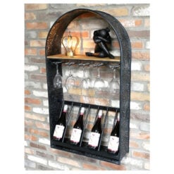 Industrial Engraved Black Metal Arched Wall Bar Unit Wine Rack 107cm