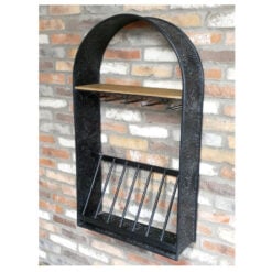 Industrial Engraved Black Metal Arched Wall Bar Unit Wine Rack 107cm