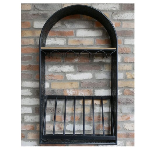 Industrial Engraved Black Metal Arched Wall Bar Unit Wine Rack 107cm