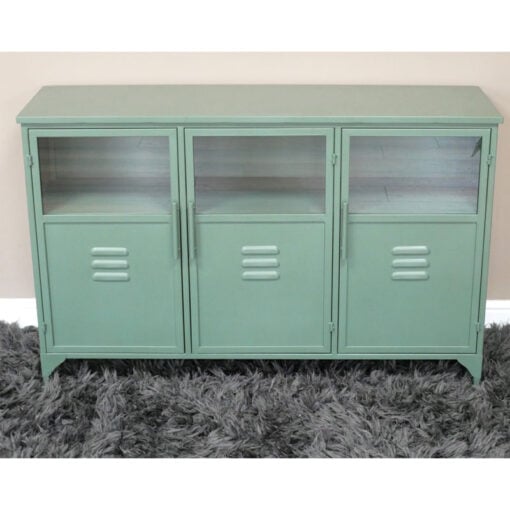 Industrial Green Metal And Glass Locker Style Sideboard Cabinet 120cm