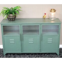 Industrial Green Metal And Glass Locker Style Sideboard Cabinet 120cm