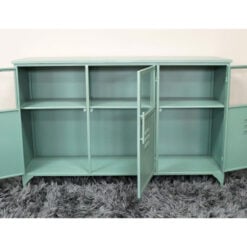 Industrial Green Metal And Glass Locker Style Sideboard Cabinet 120cm