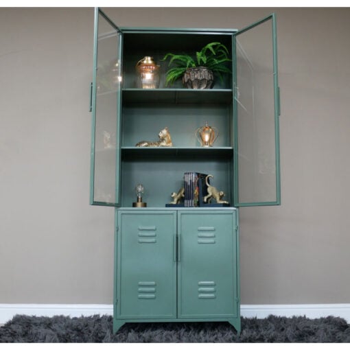 Industrial Green Metal And Glass Locker Style Tall Display Cabinet 178cm