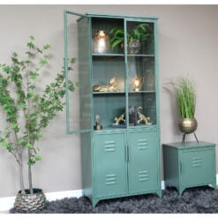 Industrial Green Metal And Glass Locker Style Tall Display Cabinet 178cm