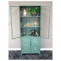 Industrial Green Metal And Glass Locker Style Tall Display Cabinet 178cm