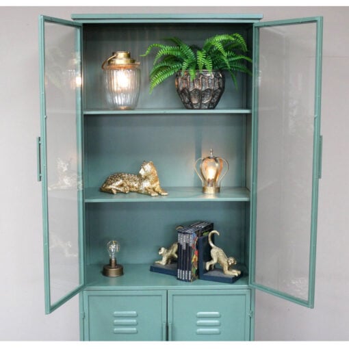 Industrial Green Metal And Glass Locker Style Tall Display Cabinet 178cm