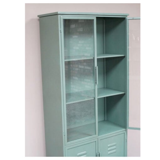 Industrial Green Metal And Glass Locker Style Tall Display Cabinet 178cm